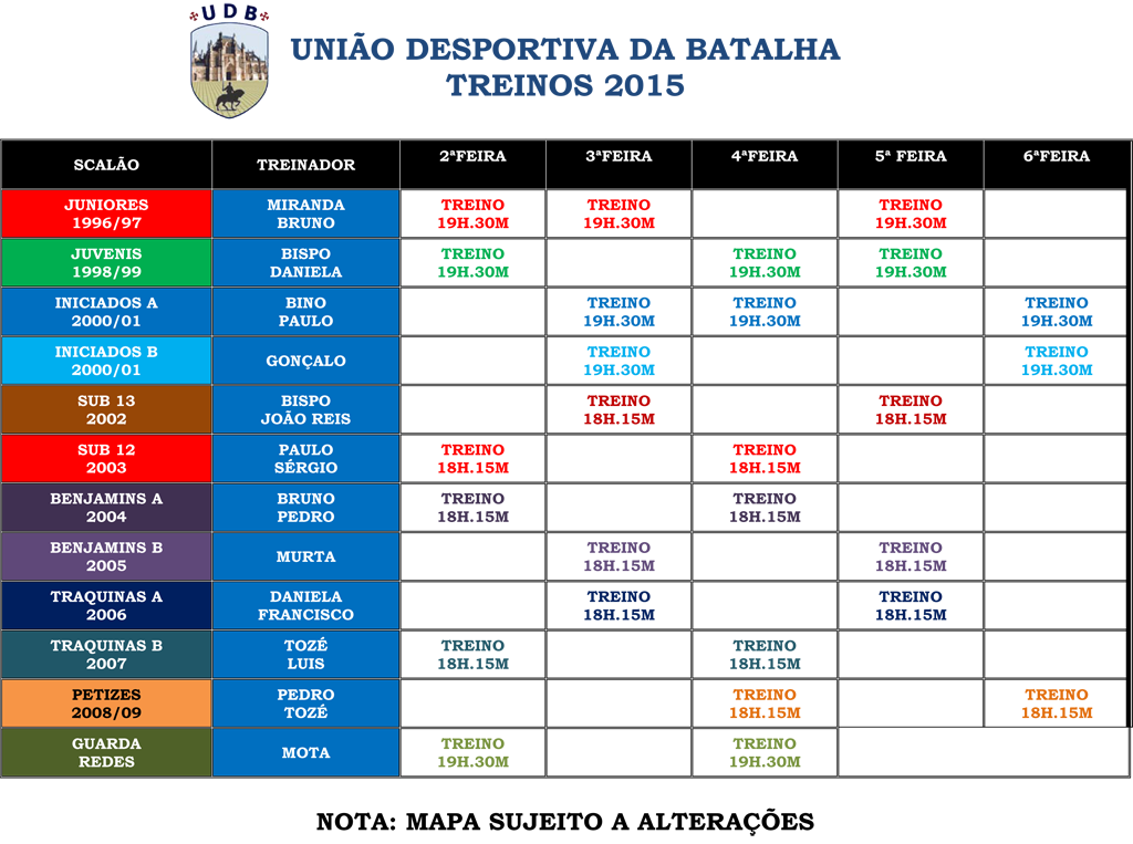 Horário de treino - UDB